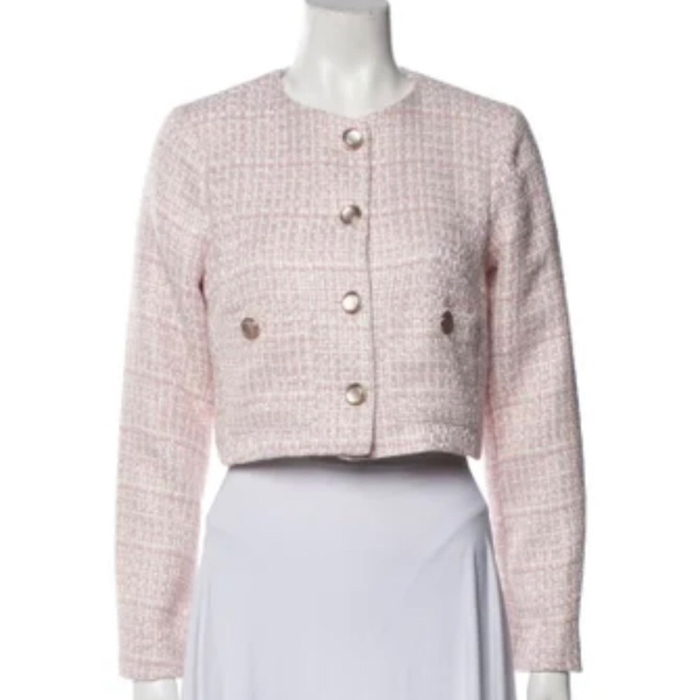 Joie Women's Bolero Jacket Pink/White Tweed Pearl Buttons‎ Lined Career Cropped